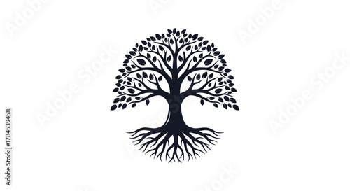 A silhouetted tree with roots and leaves against a white background. It symbolizes growth and nature