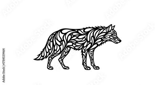 A graphic, stylized black wolf silhouette on a white background, with intricate ornamental detailing