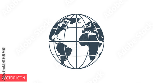 A simple dark blue-gray world map vector icon on a white background. It's a globe graphic