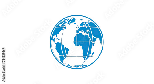 A blue world map illustration, comprised of landmasses within a white space