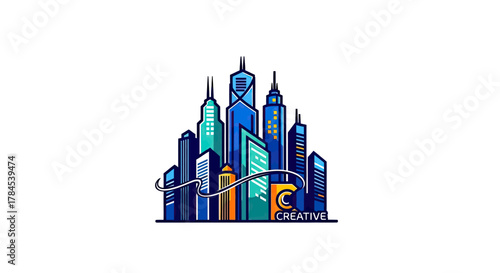 Stylized, colorful cityscape featuring tall buildings with "Creative" text