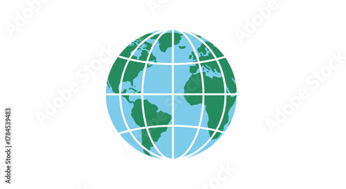 A globe graphic, showing continents in green, oceans in blue, with white grid lines, on white