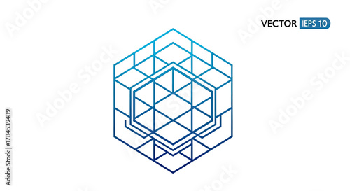 A blue-gradient outlined cube with interior geometric shapes on a white backdrop, vector illustration
