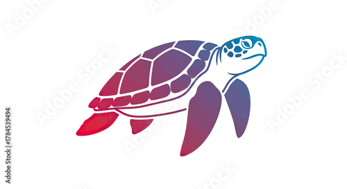 Colorful geometric sea turtle illustration on white background, facing right