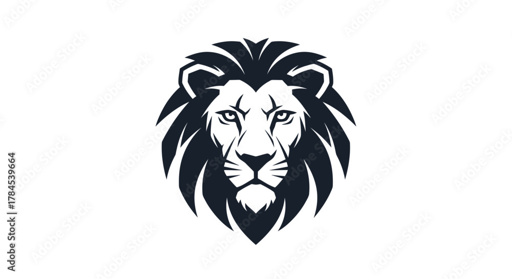Obraz premium A stylized front-facing lion portrait in monochrome, featuring a textured mane