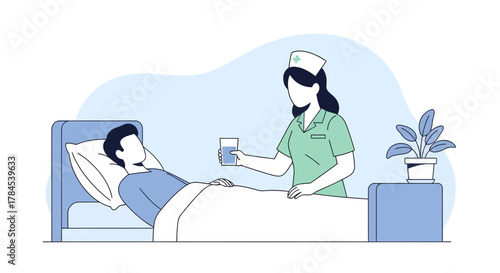 Caring Nurse Offering Water to Patient Recovering in Hospital Bed for Healthcare Illustration