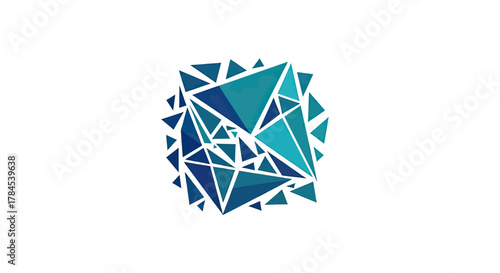 Abstract geometric composition, a cluster of blue and teal triangles on white background