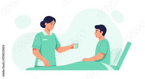 Caring Nurse Offers Glass Of Water To Patient, Healthcare, Medical Assistance Illustration