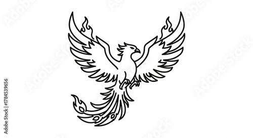 Outlined black illustration of a phoenix with open wings and stylized flames