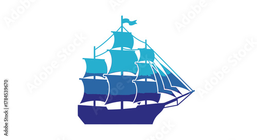 A stylized sailing ship silhouette rendered with shades of blue against a white background