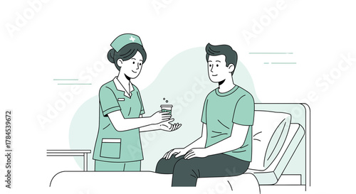 Caring Nurse Offers Medication To Patient While He Is Recovering In Hospital Bed