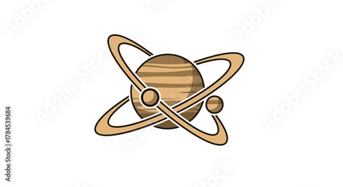 Brown and beige illustration of a planet with rings and connected circles