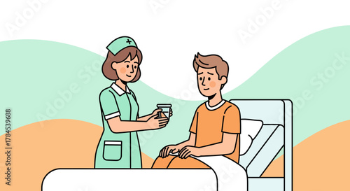 Caring Nurse Provides Medication to the Patient in Hospital Room for Treatment