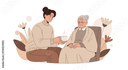 Caring Young adult Serving Warm Drink To elderly Woman For Comfort And Support