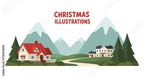 A cozy village nestled in a serene mountain valley landscape with snow-capped peaks and evergreen trees illustration
