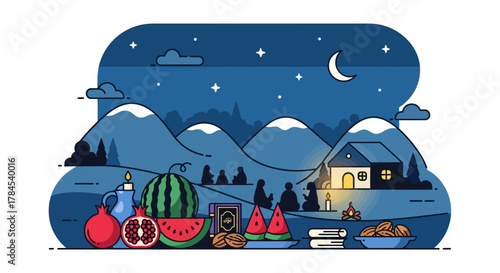 Illustration of a traditional winter solstice celebration blending family, faith, and nature under a crescent moon