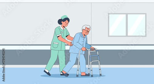 Elderly Man Receiving Physical Therapy Support During Walking Exercise Practice