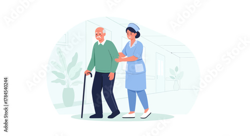 Elderly Man Receiving Care And Support From A Nurse In A Healthcare Facility