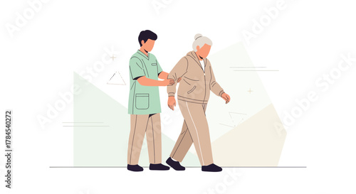 Elderly Woman Receives Assistance During Physical Rehabilitation and Assisted Walking