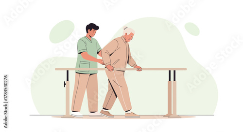 Elderly Woman Undergoing Physical Therapy Rehabilitation With The Assistance of a Caregiver