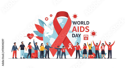 Global community uniting for HIV awareness, with diverse people holding hands around a large red ribbon