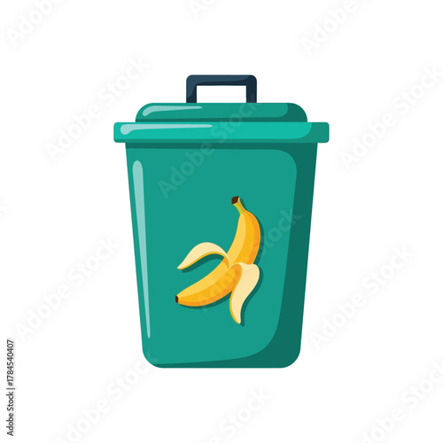 Green trash can with a banana peel inside, symbolizing waste