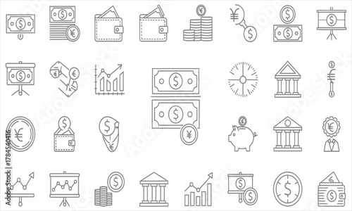 Money icons A collection of financial symbols including currency, banking, and investment graphics