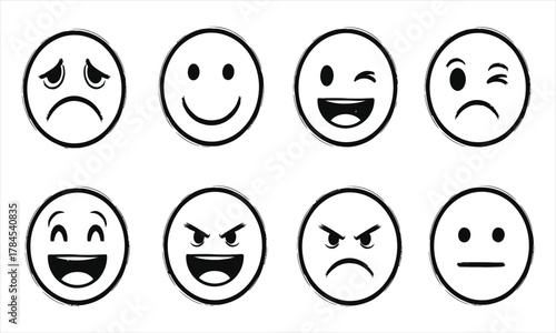 Collection of Vector Line Art Emoticons Illustrating Diverse Human Emotions Like Joy, Sadness, Anger, and Neutrality for Digital Communication