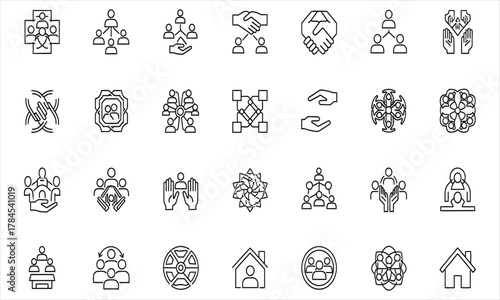 Intricate Outline Icons Connectivity, Collaboration, and Social Interaction Symbols in Vector Format