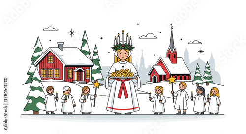 Winter celebration of Saint Lucia Day in a snowy Scandinavian village with a traditional procession of children