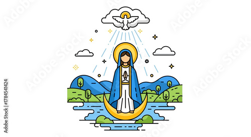 Blessed Virgin Mary illustration with dove and crescent moon in landscape