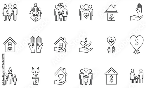 A collection of line icons representing charity, community support, family care, and donations for social welfare projects