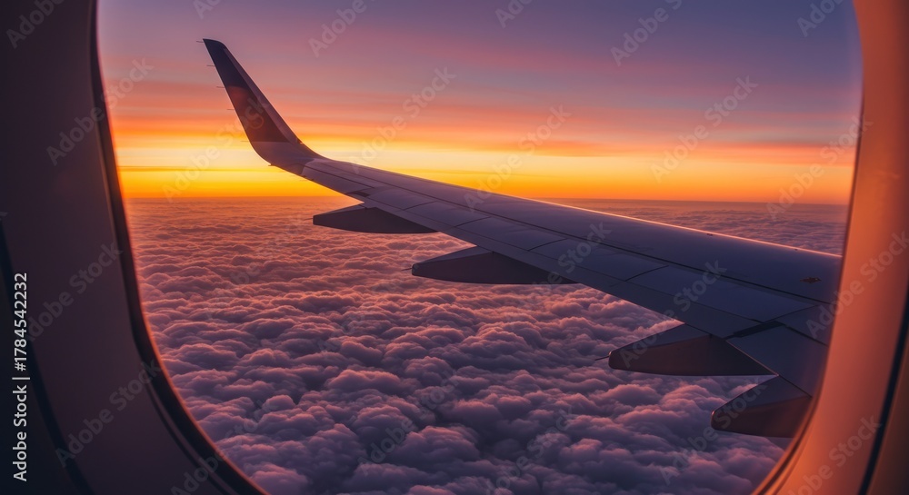 Obraz premium Airplane Wing View at Sunset - A Journey Above the Clouds.