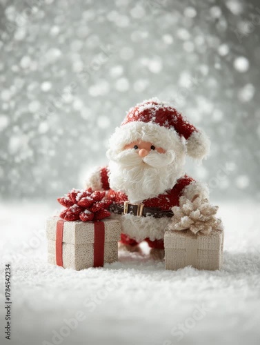 Santa Claus stands beside wrapped gifts in a snowy winter scene with falling snowflakes