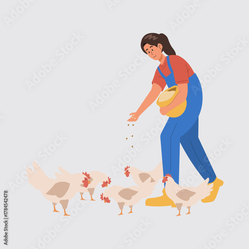 Vector illustration of a woman feeding chickens on a farm. The female farmer wearing blue overalls is holding a bucket and scattering feed for the hens. Concept of poultry farming, agriculture, rural
