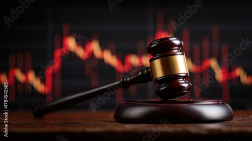 Gavel on wooden block with abstract financial chart background, representing law, justice, economy, and the intersection of finance and legal matters