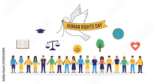 Global Human Rights Day celebration illustration with diverse people holding hands, symbolizing unity, justice, equality, and peace worldwide