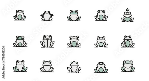 Stylized illustrations of various frog poses and expressions. Frogs are depicted in a flat design with soft green, grey, and black colors. Minimalist lines create a friendly and approachable feel