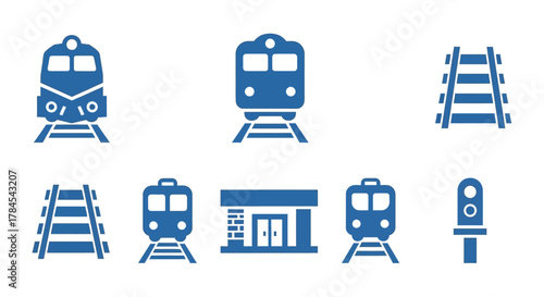 Collection of stylized blue train-related icons on a white background, including trains, tracks, a station, and a signal. Clean, simple, and illustrative