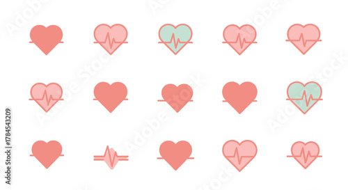 A collection of heart icons, showcasing different styles and colors. Some feature a heartbeat line within. The design is clean and simple, with a focus on medical and health concepts