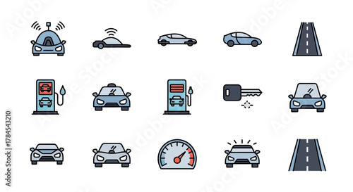 A collection of simple, colorful icons related to automobiles and the transportation industry, with a focus on cars, roads, and associated elements