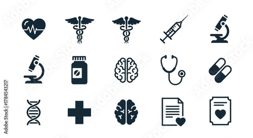 A collection of simple, dark blue medical icons on a white background. These include heart rate, caduceus, syringe, microscope, pills, brain, stethoscope, DNA, cross, medical records, and more