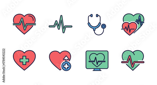 A collection of eight colorful medical icons featuring hearts, heartbeats, and a stethoscope, symbolizing health, care, and vital signs