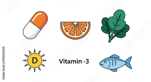 A graphic illustration showcasing Vitamin-D sources. Features a capsule, a citrus slice, leafy greens, a sun symbol, and a fish, all promoting the essential nutrient. The text 'Vitamin -3' is included