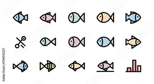 A collection of stylized fish icons with various colors and designs, alongside a pair of scissors and a bar graph. These icons are outlined in black and placed on a white background