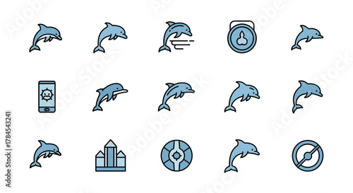 A collection of simple, colored illustrations. Dolphins swim and other elements appear.  Shapes and symbols include a castle, a phone, and a lock