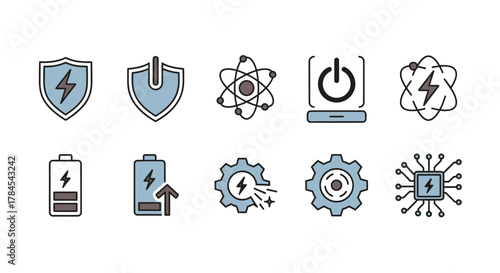 A set of ten colorful icons illustrating concepts related to electricity, power, energy, technology, and electronics, with shield, atom, battery, and gear symbols