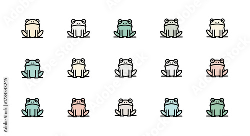 A collection of 15 cartoon frogs with different pastel colors and black outlines. Each frog sits, looking forward. Simple, graphic style, suitable for various design applications