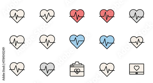 Collection of stylized heart icons, each with a heartbeat graph, presented in various colors and arrangements, including a monitor and a medical device