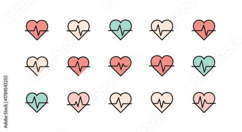A set of 15 colorful heart-shaped icons with heart rate lines inside, arranged on a plain white background. Various pastel colors are used, with black outlines